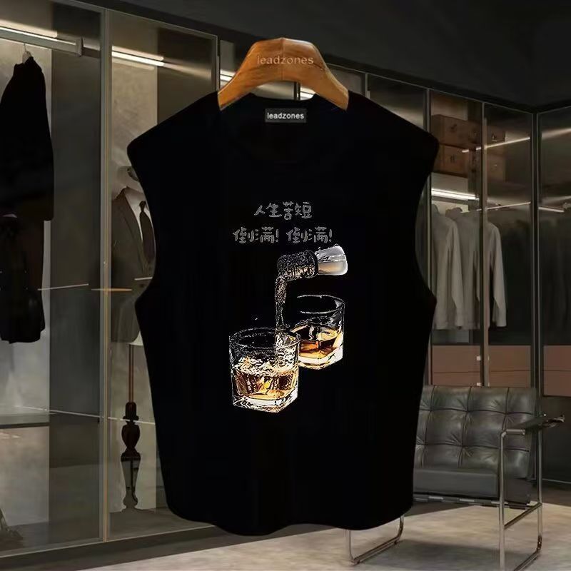 Men's Heavyweight Pure Cotton Vest Trendy Printed Loose Summer Sports Fitness Sleeveless T-Shirt Exclusive_viptrois.com