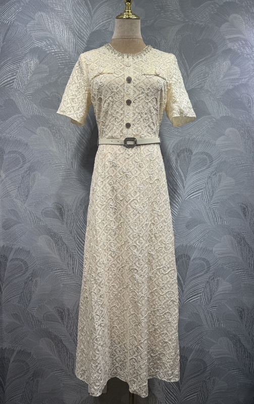 Fengyingying Foreign Trade Women's Clothing 2026 Summer New Style Beaded Collar Solid Color Waist-Cinching Long Dress
