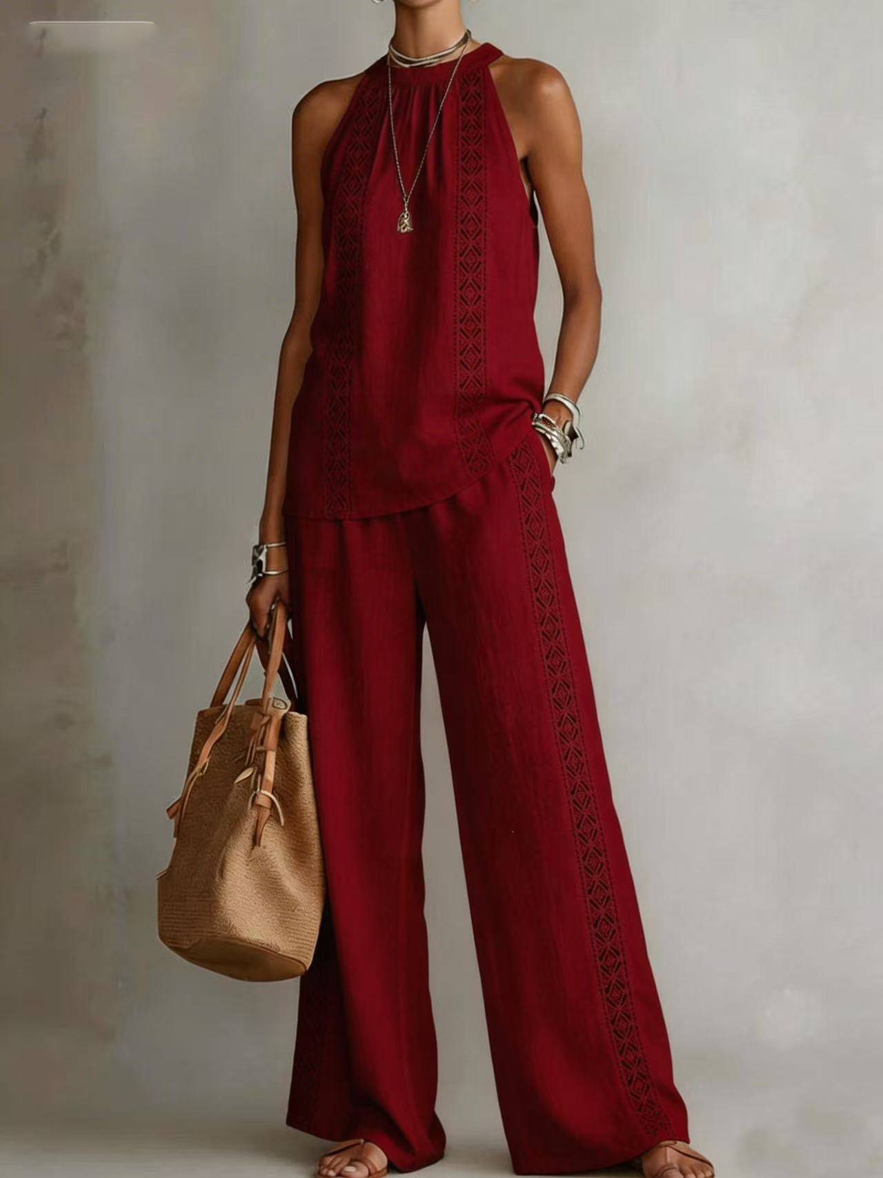 Women's Clothing Retro Two Piece Set Lace Sleeveless Top And Wide Leg Pants Hollow Out Comfortable_ecoleips.com