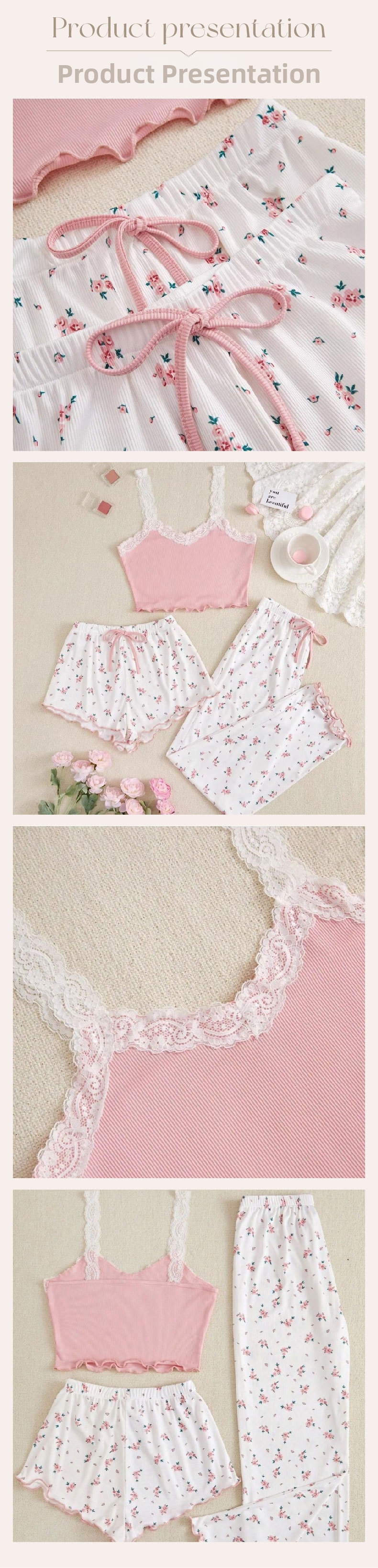 Dam 3-delat blommigt pyjamasset v-ringad spets sommar nattkläder_voghion.com