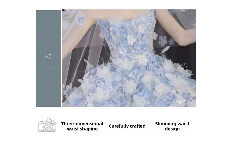 Blue Floral Strapless Evening Gown French Style Niche Emcee Banquet Dress Elegant Subtly Luxurious Princess Dress for Women_ecoleips.com