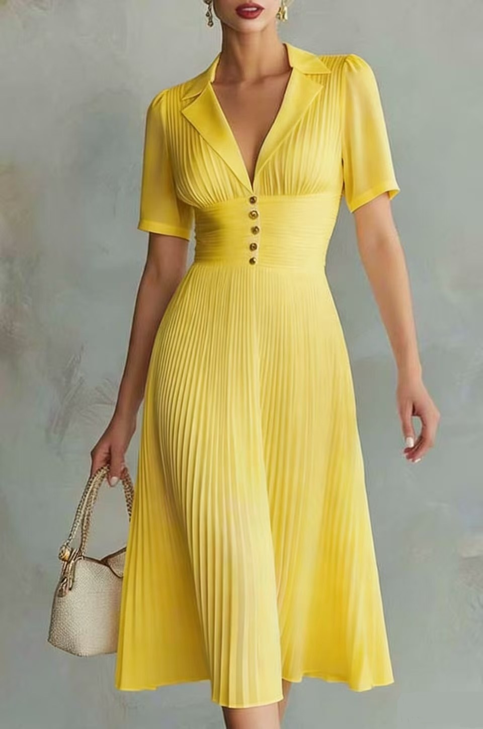 Women's Polo Collar Long Sleeve Dress Chiffon Top Pleated_ecoleips.com
