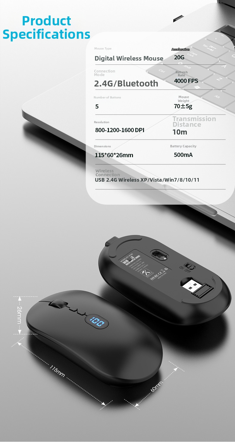 Kabellose Maus mit Bluetooth-Ladefunktion, geräuscharmem Betrieb und Akkuanzeige. Geeignet für Büro und Geschäftsgebrauch. USB-Computer._voghion.com