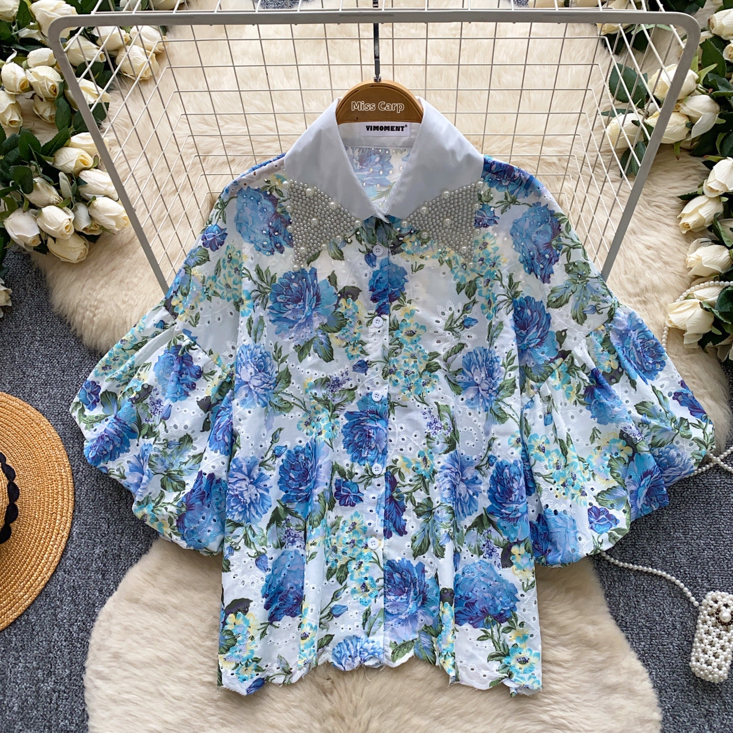 Women's Rhinestone Embellished Peter Pan Collar Lantern Sleeve Printed Shirt Loose Fitting Cardigan Top Summer Short Sleeved Heavy Duty_ecoleips.com