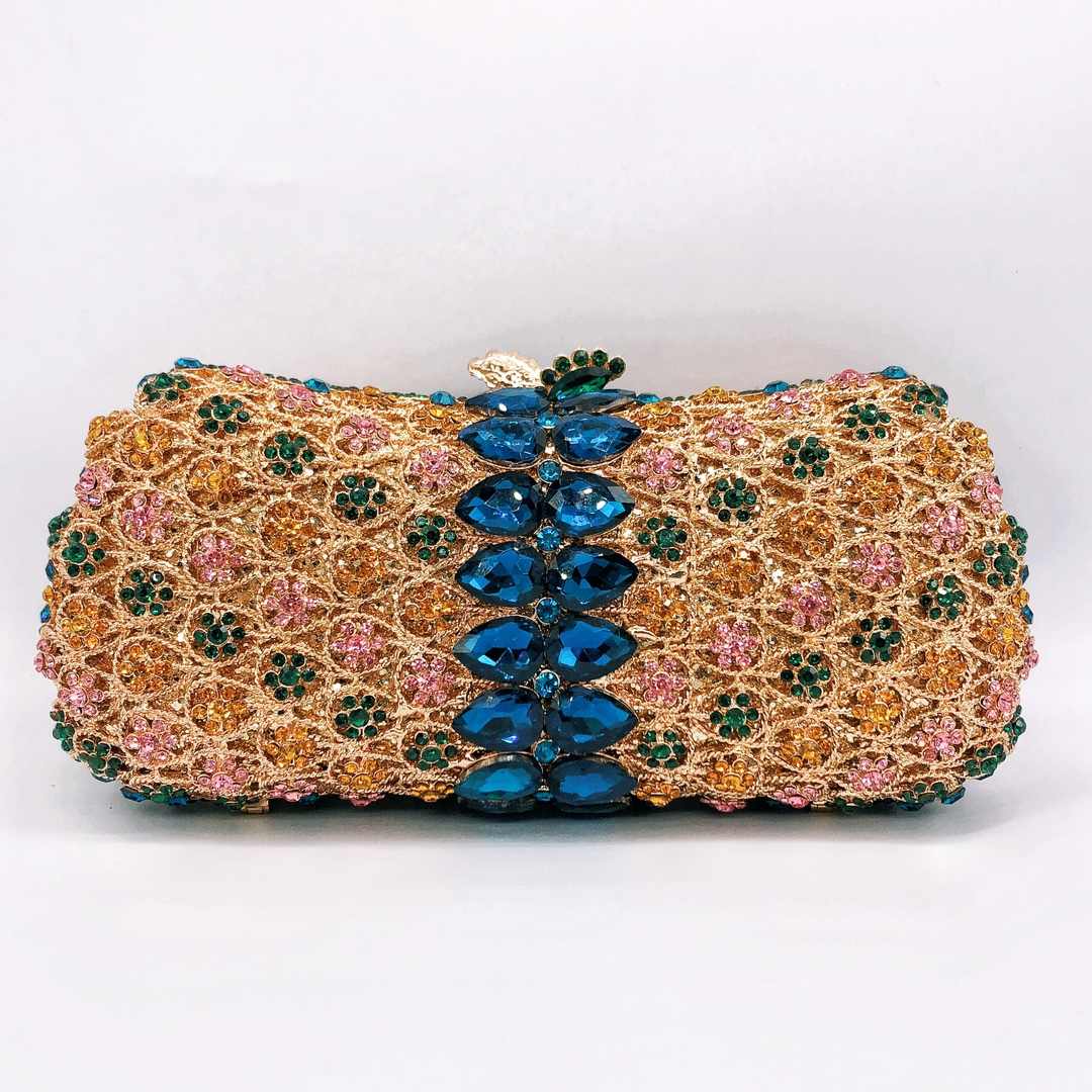 Túi clutch dạ tiệc đính kim cương rỗng kiểu mới — Vàng đáy lỗ màu xanh lá, Nền vàng ngọc xanh lam, Màu đen, Tím Nhiều màu chi tiết 1