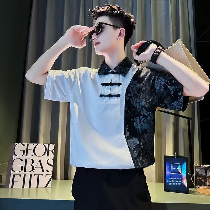 Men's Short Sleeved Collared Patchwork Polo Shirt Casual Handsome High End Fashion Top_viptrois.com