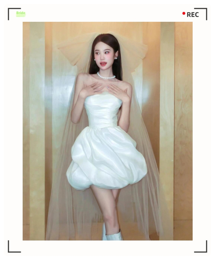 Petite French Style Satin Strapless Wedding Dress White Morning Robe Short Dress for Marriage Registration And Engagement_ecoleips.com