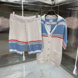 欧美跨境CASA卡萨短袖针织羊毛珍珠扣开衫套装针织短裤拼色口袋设