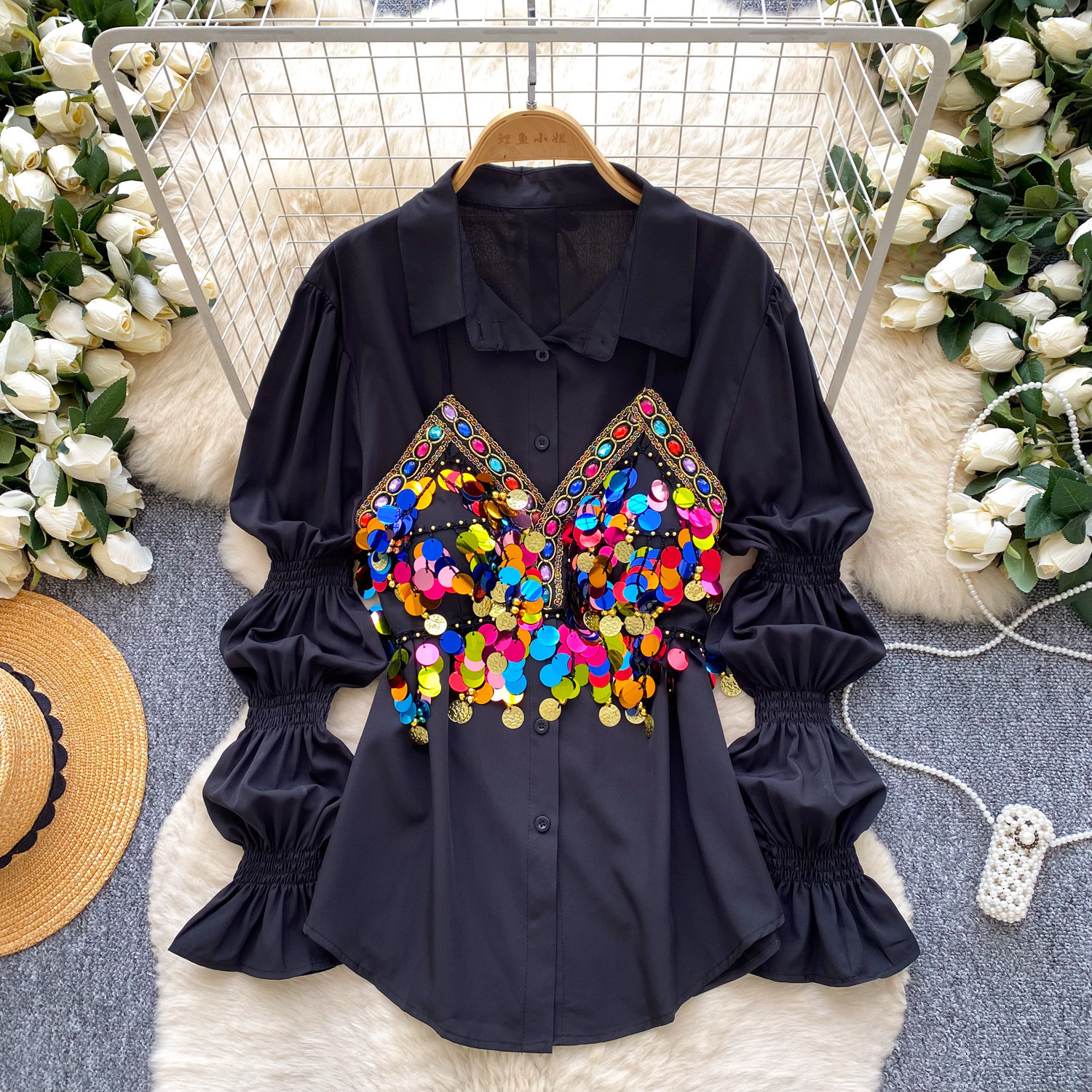 Sophisticated Sequined Camisole Blouse With Lantern Sleeves_voghion.com