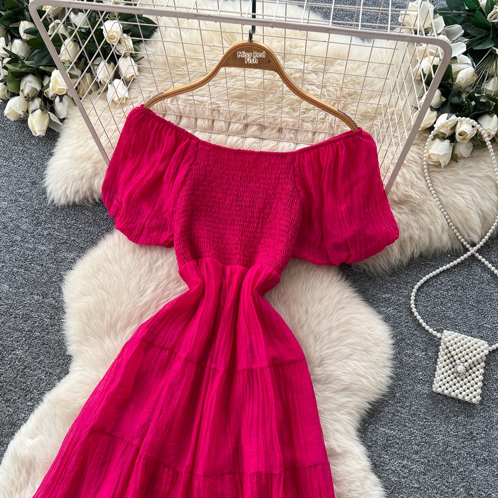 Women's French Style Off-Shoulder Puff Sleeve A-Line Maxi Dress Elegant Slimming Summer Vacation Dress_ecoleips.com