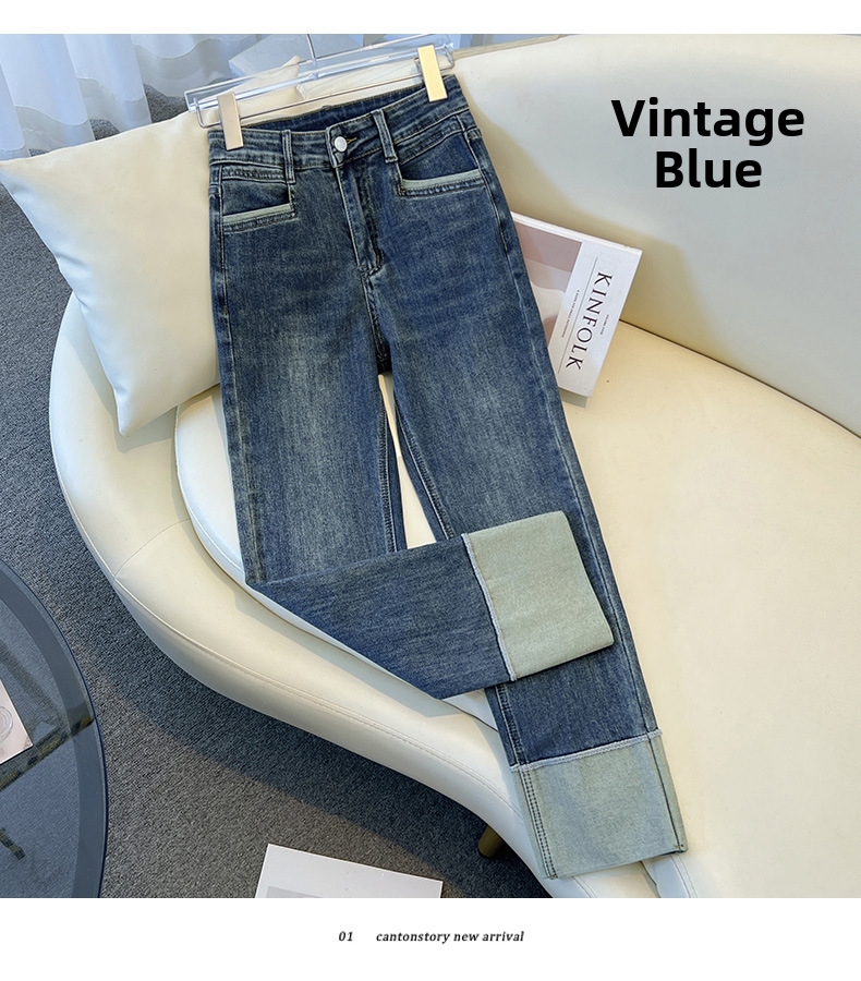 Women's Slim Fit Straight Leg Jeans Stretchy Cuffed Cropped Baguette Pants Spring Autumn Popular Style_mkmklike.com