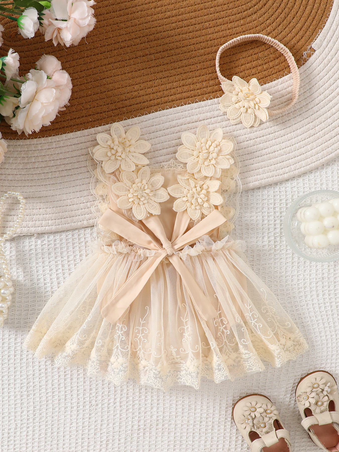 Barboteuse à fleurs pour bébé avec jupe en tulle et bandeau_voghion.com