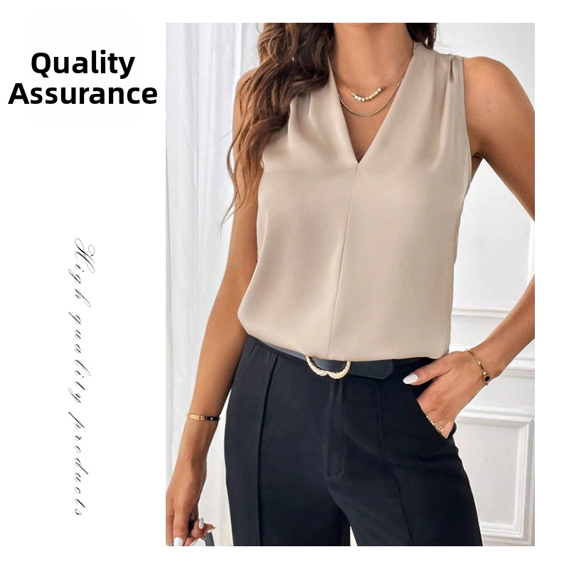 Women's Clothing Women's Sleeveless Satin V Neck Loose Solid Color Vest Large Quantities For Formal & Casual For Women_voghion.com