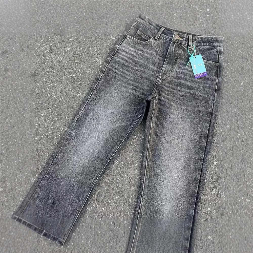 Black & Gray Marble Washed Flared Jeans 2025 Clean Fit Retro Long Trousers mid Waist Straight Pants Softener Fabric_voghion.com