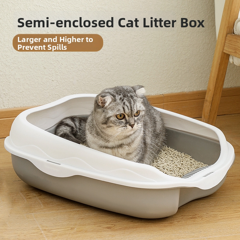 Large Semi Enclosed Cat Litter Box Splash Proof Pet Supplies With Cat Litter Scoop_voghion.com