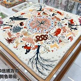 欧美秋冬新款仿丝毛围巾70cm大方巾披肩印花手工卷边人字纹丝巾