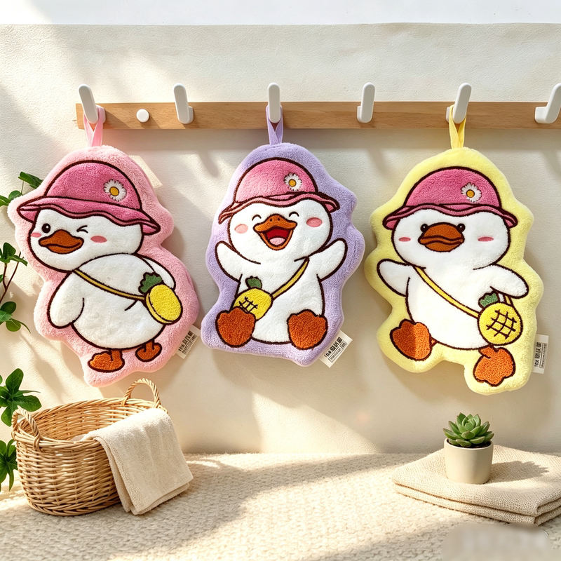 New Cute Duck School Towel, Hanging Absorbent Coral Fleece Multifunctional Handkerchief for Bathroom and Kitchen