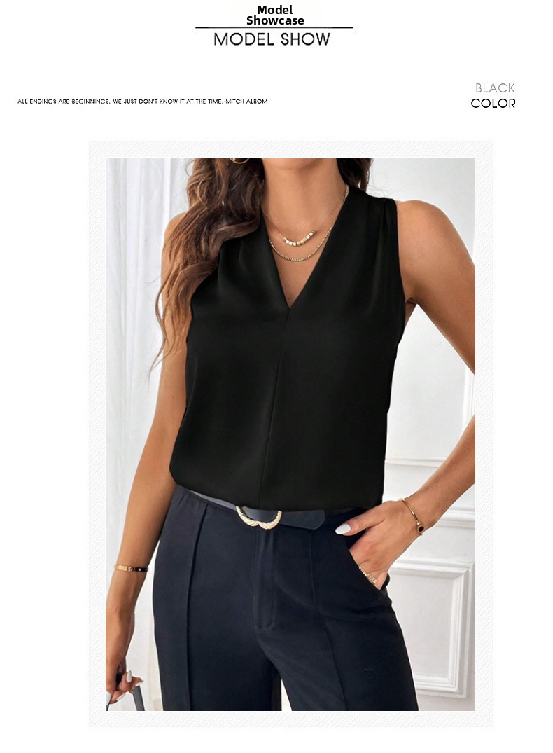 Women's Sleeveless Satin Tank Top V Neck Solid Colour Vest Elegant_voghion.com