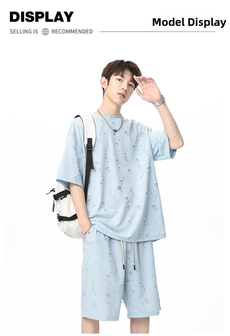 Men's Clothing Men's Ripped Summer Sports Set Thin Casual Trendy Short Sleeved Shorts With Cool Stylish Design_viptrois.com