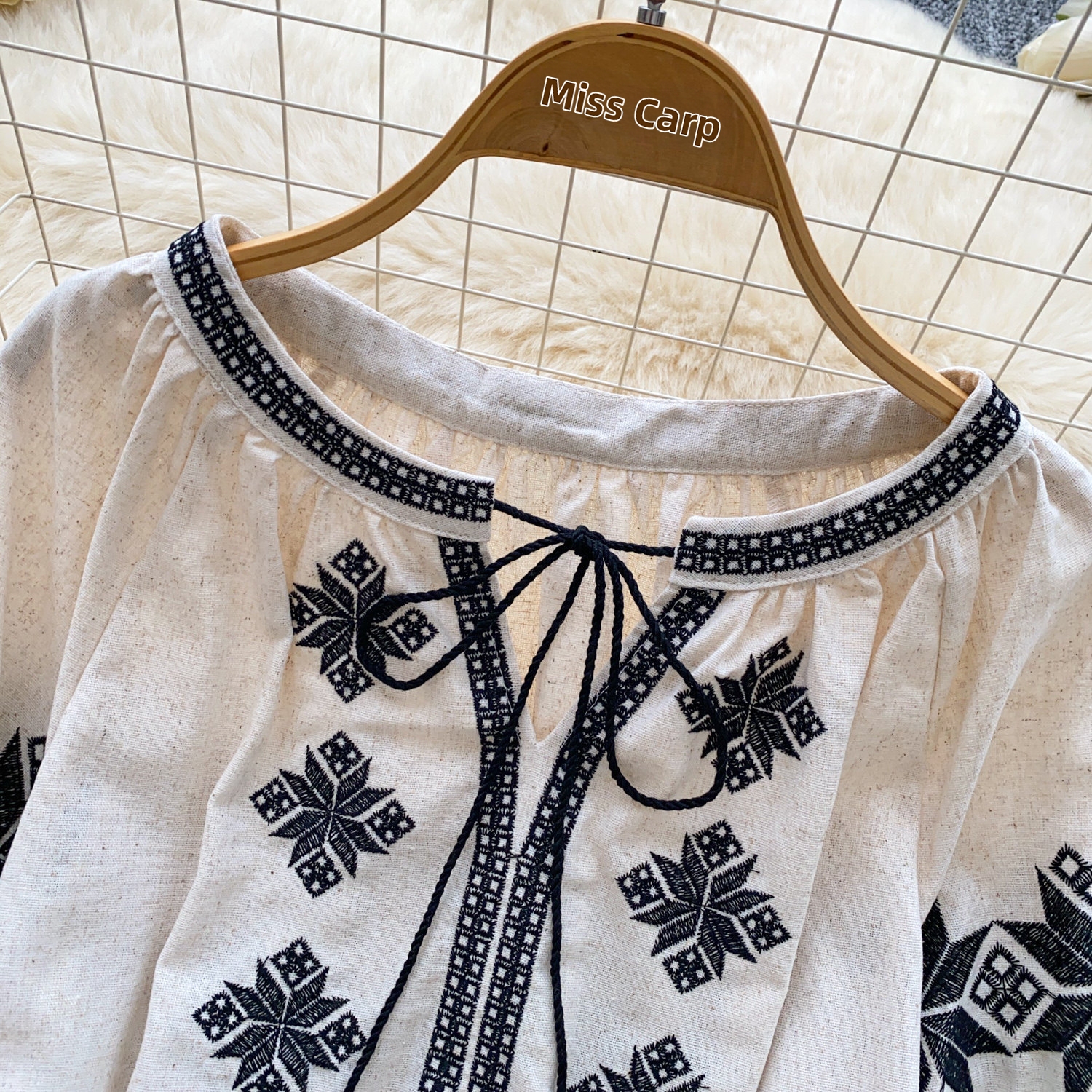 Women's Bohemian Style Tie Waist Blouse Korean Summer Loose Fit Top Heavy Embroidery Lantern Sleeve Slimming Blouse_ecoleips.com
