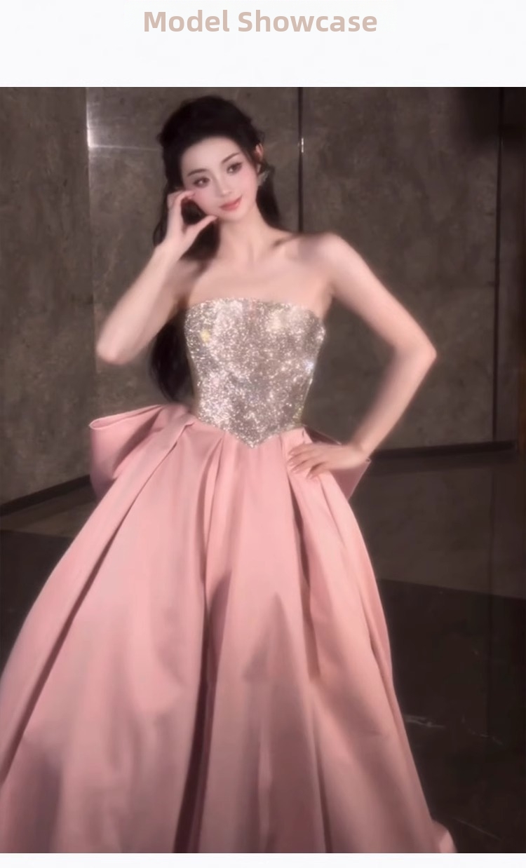 Pink Glitter Strapless Evening Dress New Style Princess Ball Gown For Student Vocal Music Exam Fairy Tale Banquet Wear_ecoleips.com