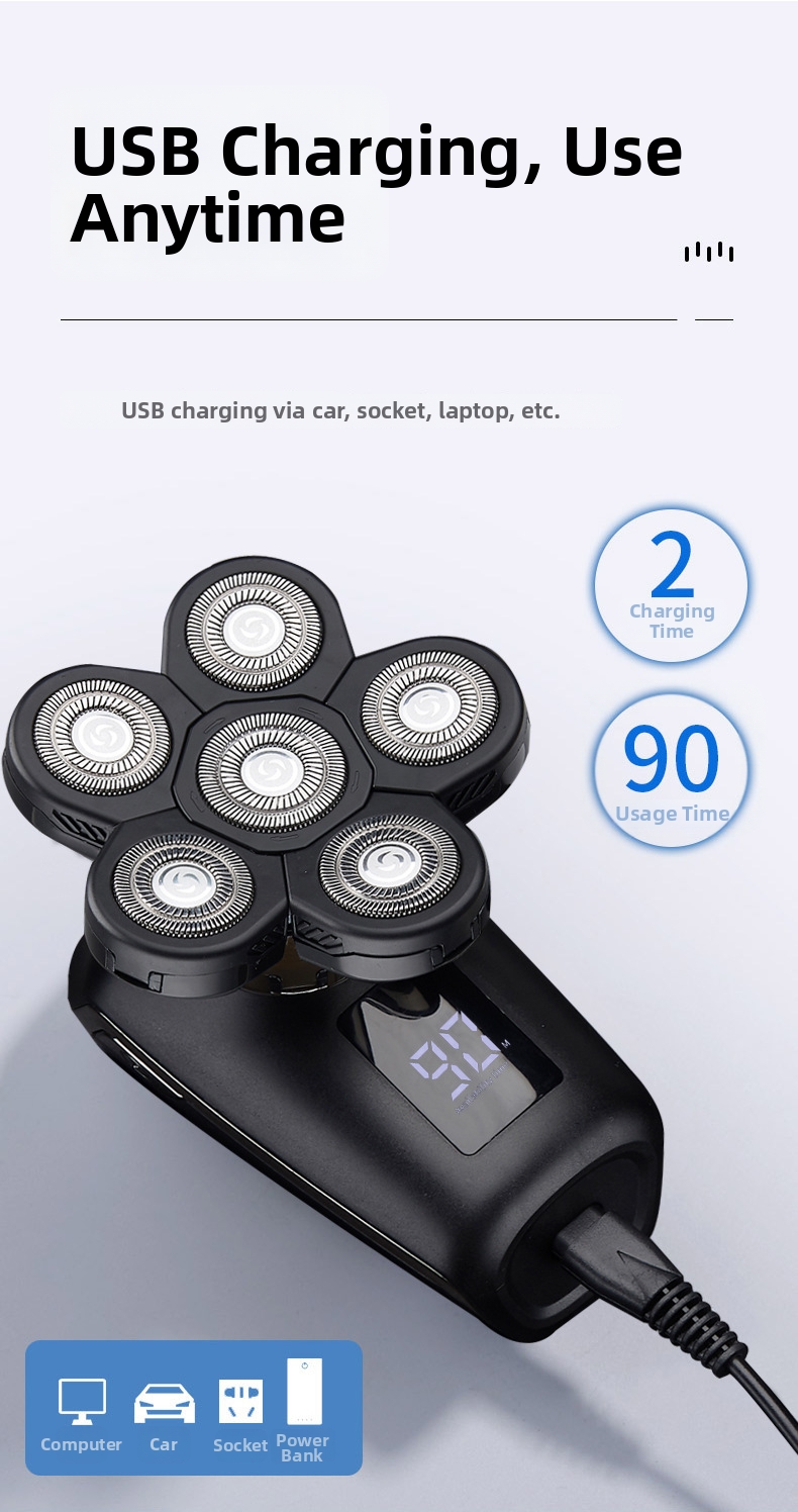 Electric Shaver Bald Head Hair Clipper Digital Display Six Blade Multi-Functional 5-in-1 Razor_voghion.com