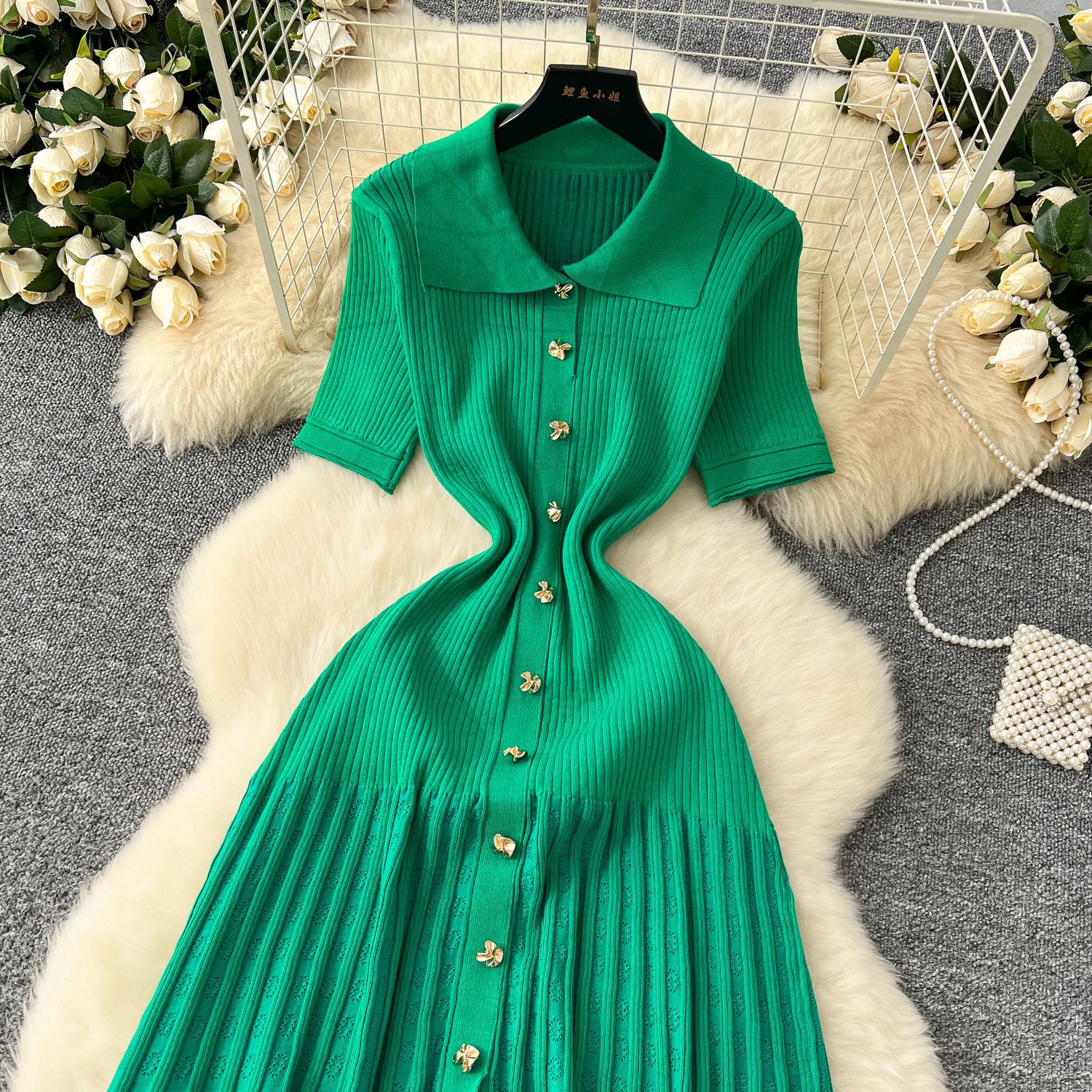 Women's French Retro Polo Collar Dress High End Waist Cinching Long Knit Metal Buckle Slim Fitting Short Sleeved_ecoleips.com
