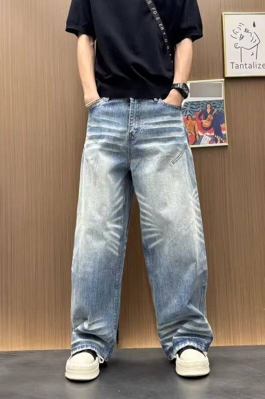 Vintage Washed Distressed Denim Jeans for Men Relaxed Fit Straight Leg Wide Hem Retro Style_voghion.com