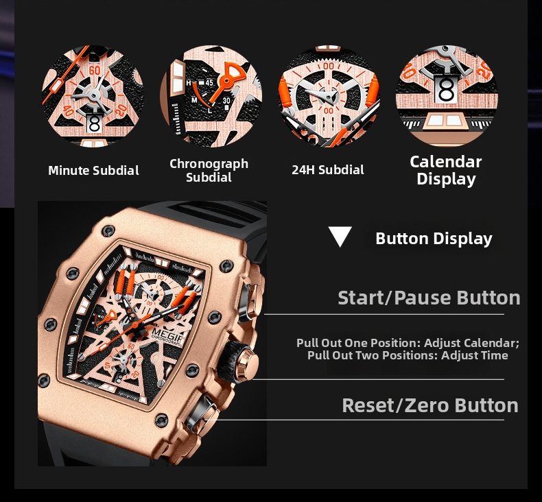 Men's Quartz Watch Square Silicone Strap Chronograph Luxury Style_voghion.com