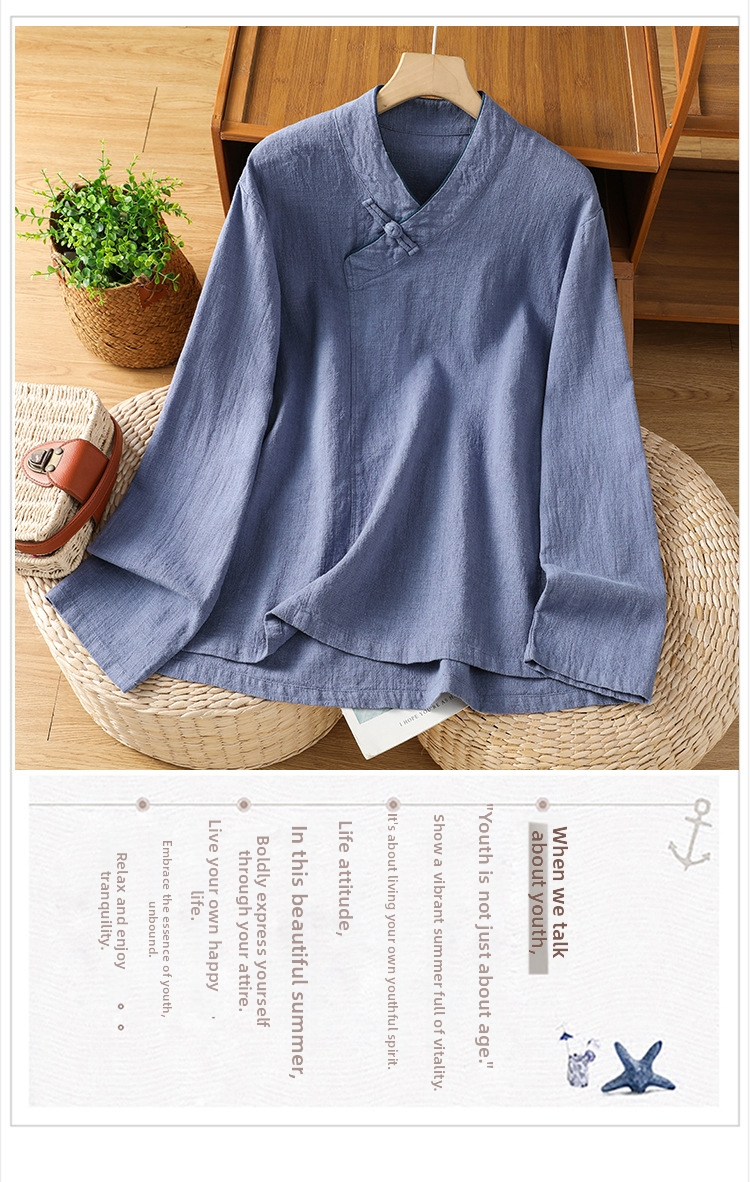 Blusa mujer estilo chino cuello v manga larga algodón y lino_voghion.com