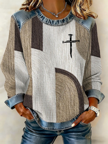 T-shirt donna a maniche lunghe stile vintage top casual nido d'ape_voghion.com