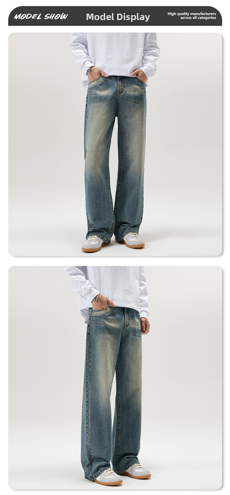 Vintage Washed Blue Clean Fit Men's Jeans Relaxed Straight Leg Comfortable Casual Pants_viptrois.com
