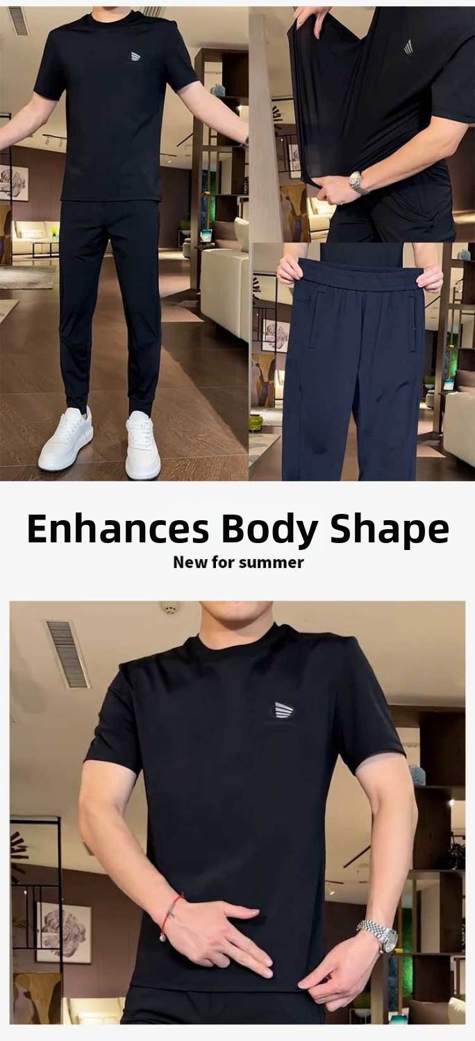Summer Thin Ice Silk Mesh Sports Casual Suit For Men Trendy Versatile Short Sleeve Top And Pants Two-Piece Set_viptrois.com