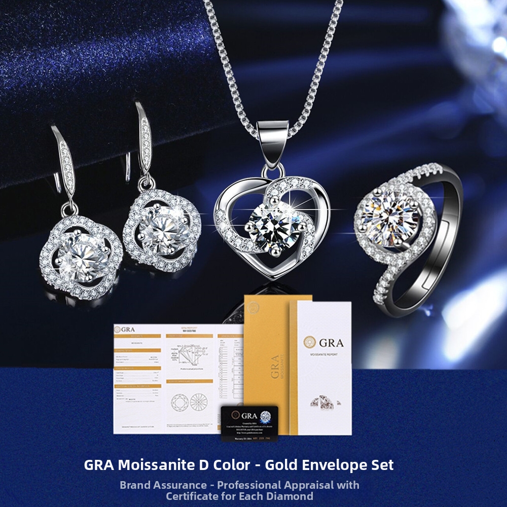 High Grade GRA Moissanite Three Piece Set 925 Sterling Silver Ring Pendant Necklace Earrings Jewelry_voghion.com