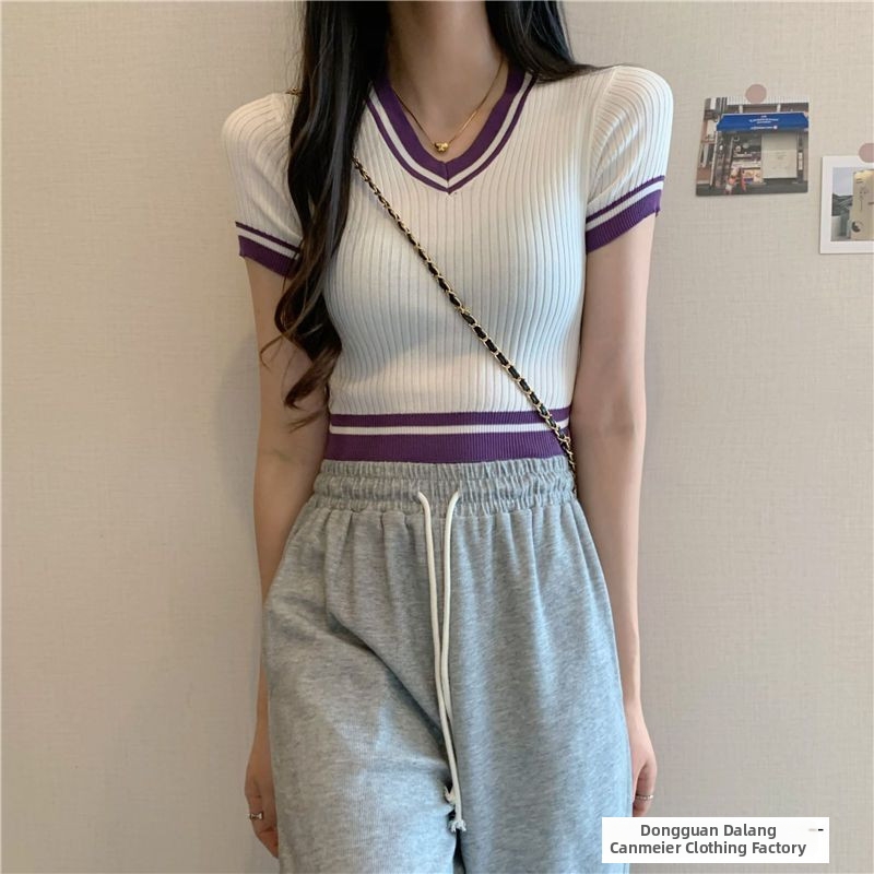 Damen T-shirt In Strickoptik Mit Kurzer Ärmellänge Und Taille_voghion.com