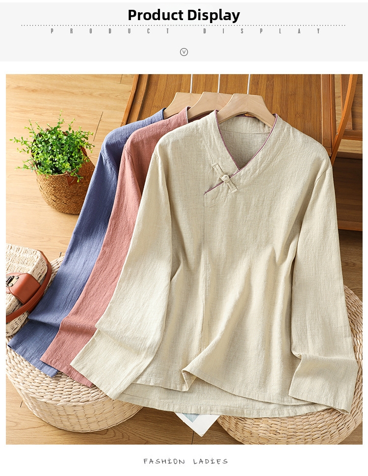 Blusa mujer estilo chino cuello v manga larga algodón y lino_voghion.com