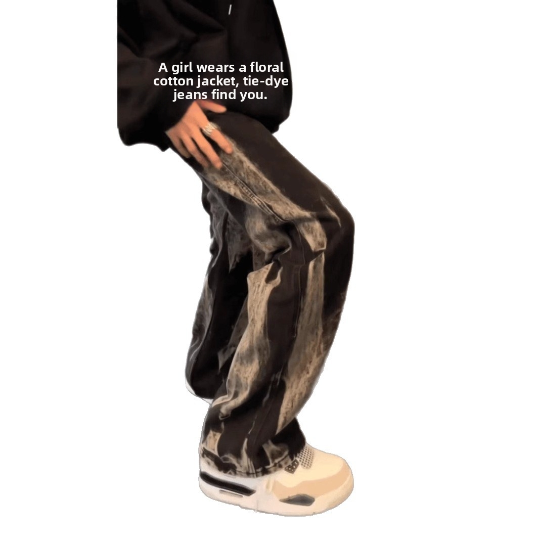 Men's Black Tie Dye Jeans Flared Pants Straight Leg American Style Trendy Cool Spring Autumn Curved Trousers_mkmklike.com
