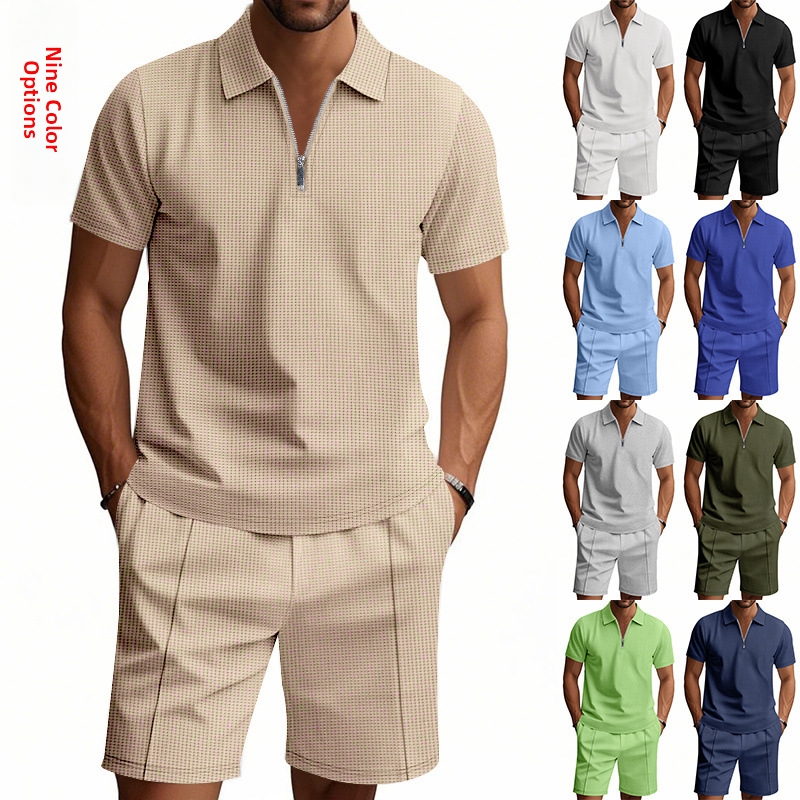 Men's Clothing Men's Summer Casual Loose Shirt Zipper Short Sleeved Beach Shorts Suit Simple Style For Formal & Casual_viptrois.com