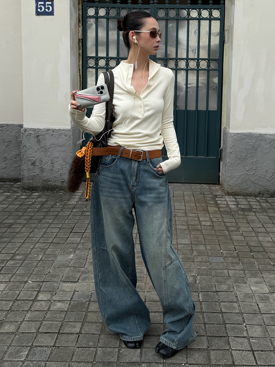 Women's Clothing Trendy Wide Leg Knife Pants Distressed Retro Blue Denim Fleece Lined Loose Curved Fit Street Style Washed Whiskered_ecoleips.com