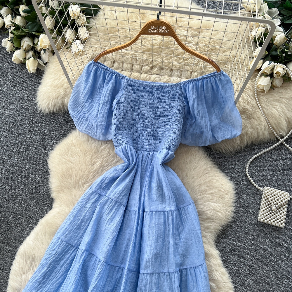 Women's French Style Off-Shoulder Puff Sleeve A-Line Maxi Dress Elegant Slimming Summer Vacation Dress_ecoleips.com