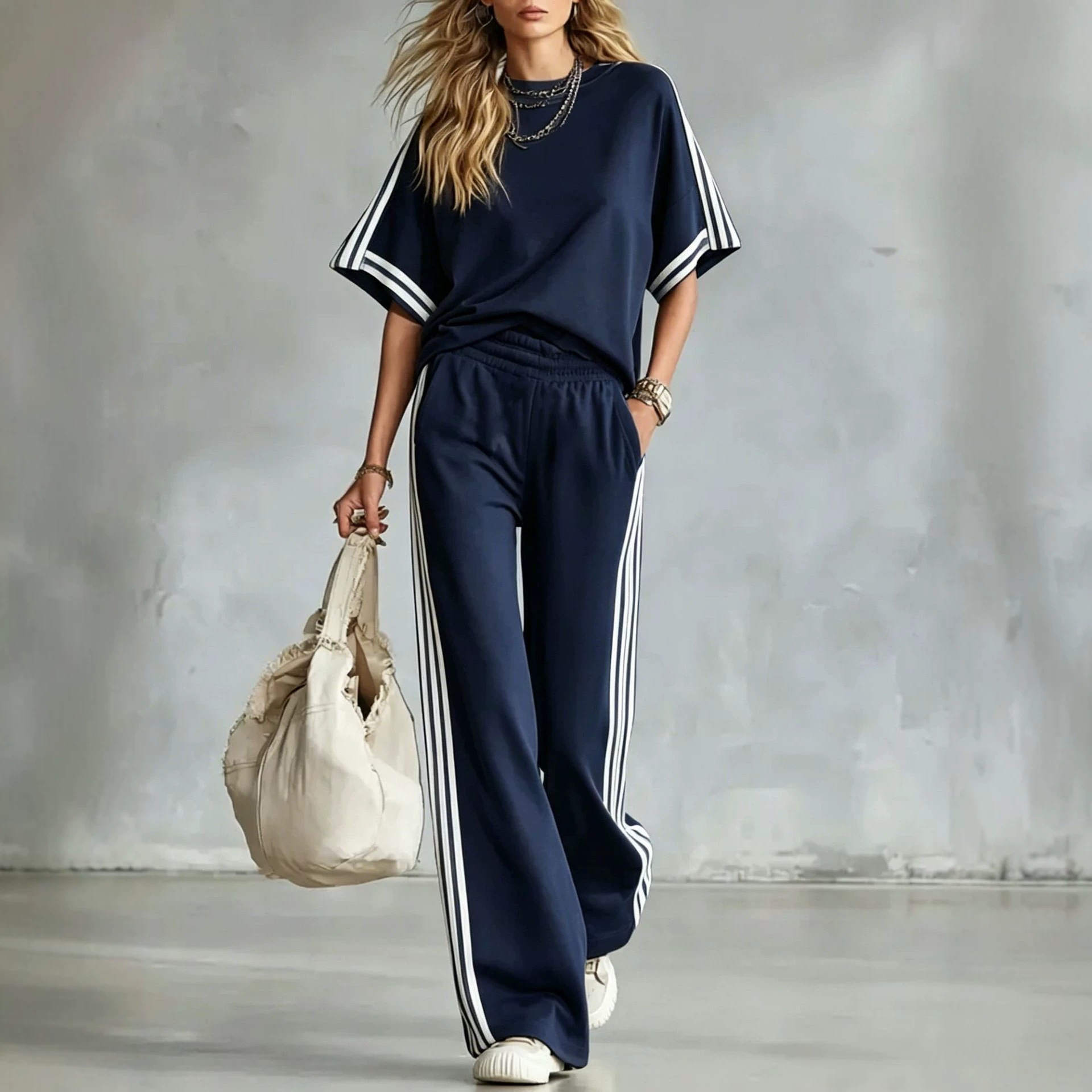 Women's Casual Striped Tracksuit Two Piece Set Wide Leg Pants Short Sleeved Top Summer Bestseller Style_ecoleips.com