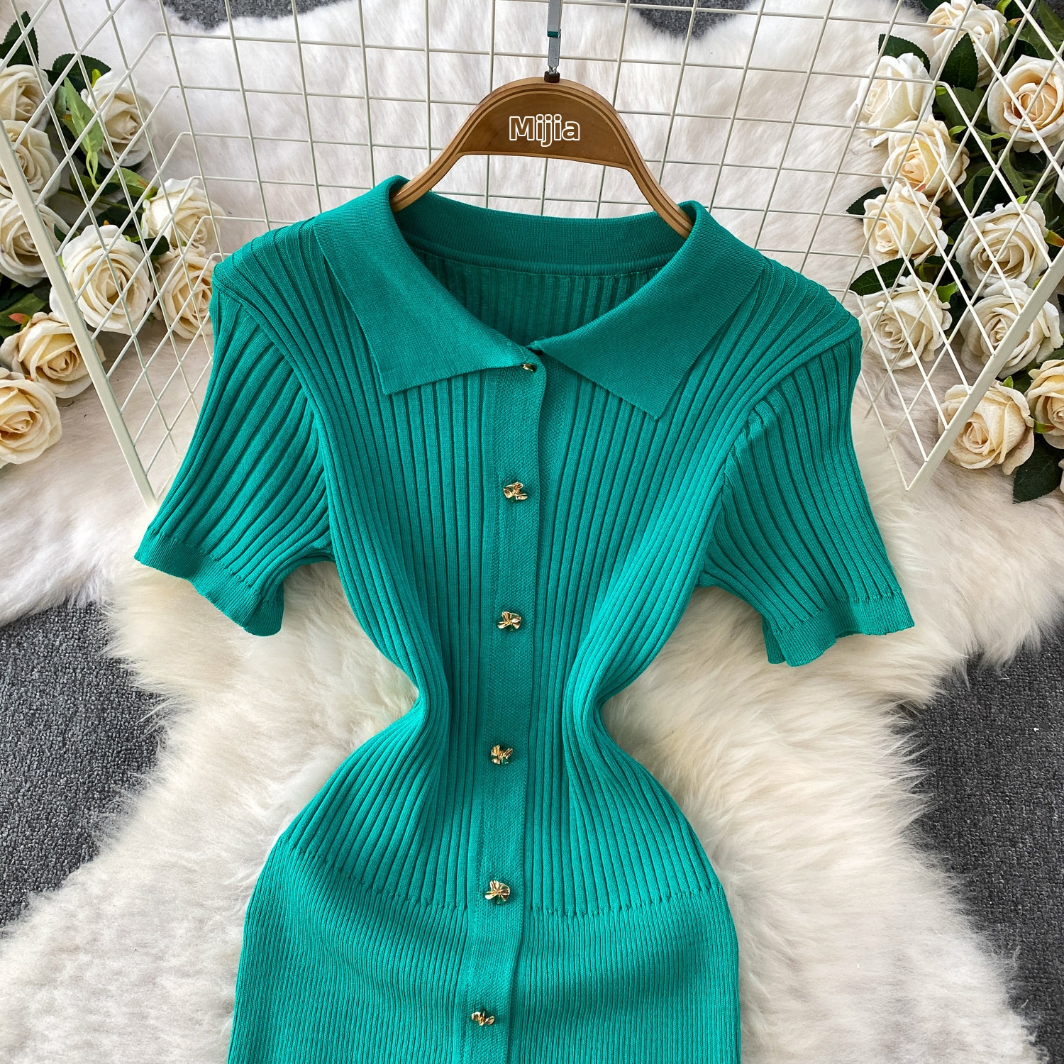 New Style Elegant Metallic Button Lapel Dress For Women, Summer Hollow Knitted Slim Fitting Fishtail Maxi Dress_ecoleips.com