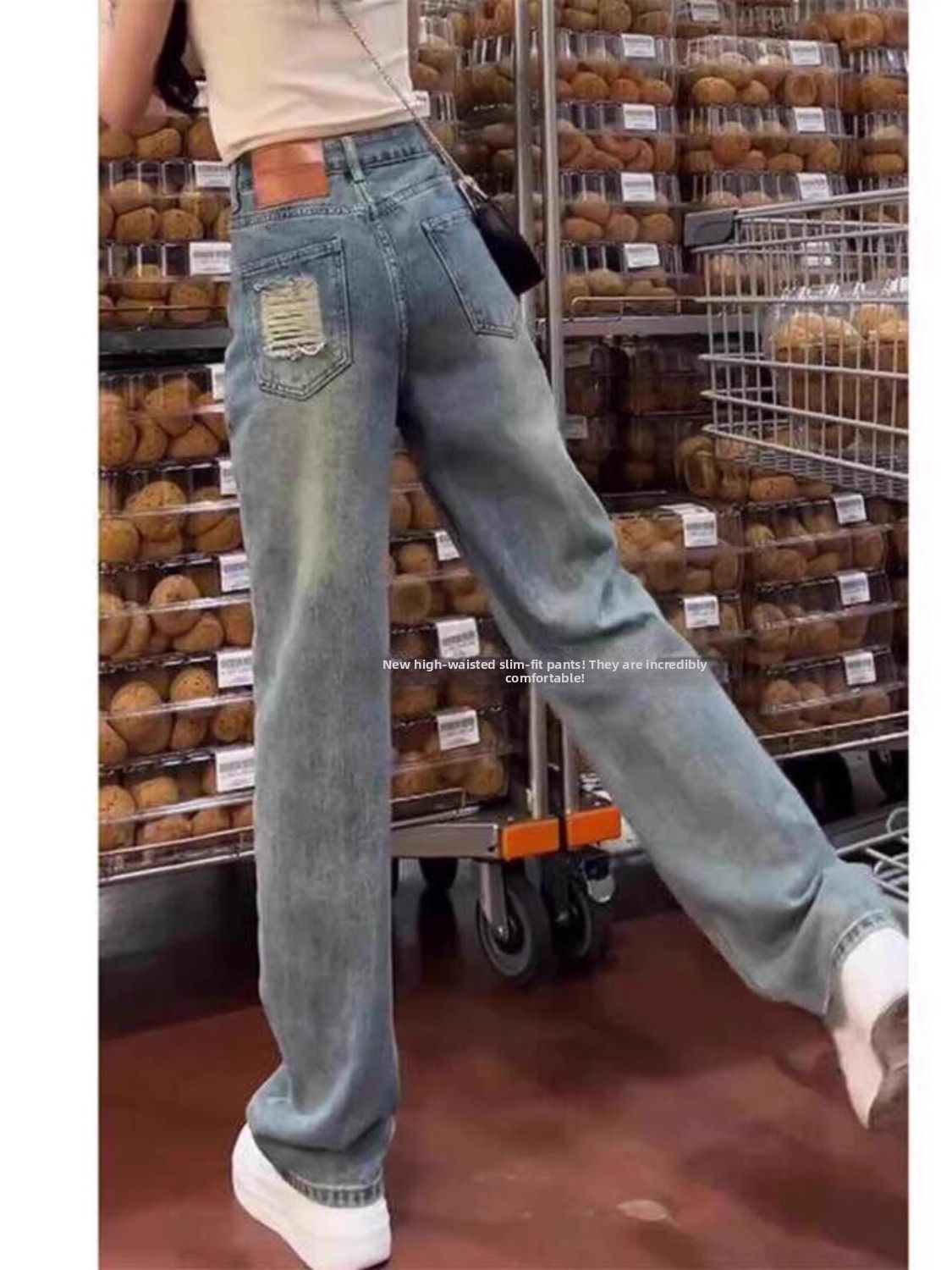 Jean slim taille haute pour femme, coupe droite, pantalon ample et amincissant à jambes larges, idéal pour les silhouettes menues, collection printemps._voghion.com