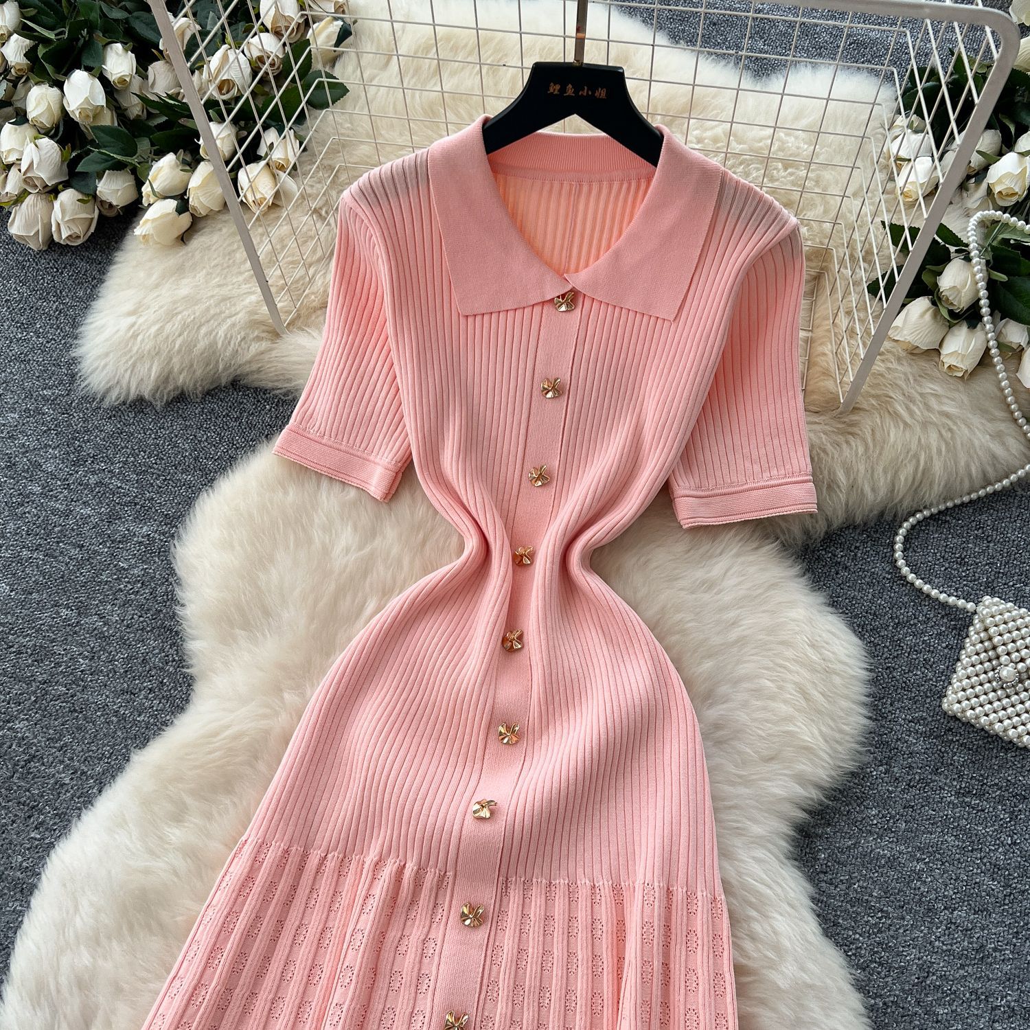 Women's French Retro Polo Collar Dress High End Waist Cinching Long Knit Metal Buckle Slim Fitting Short Sleeved_ecoleips.com
