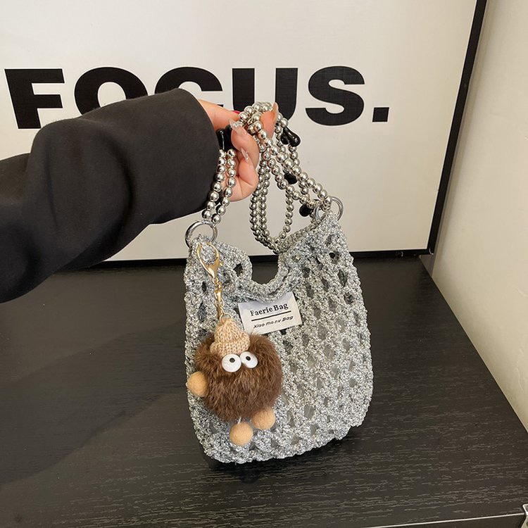 Handmade Crocheted Silver Thread Shoulder Bag Mobile Phone Bag Cross-Body Women's Fashion Versatile