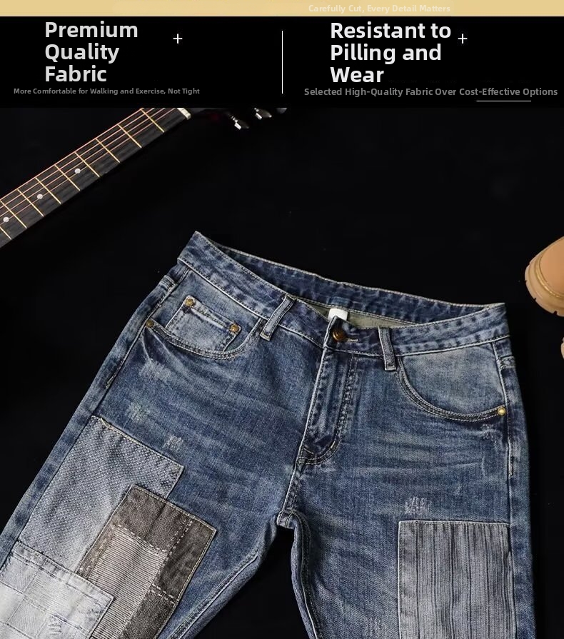 Men's Loose Straight Leg Patchwork Jeans Retro Distressed Trousers_voghion.com