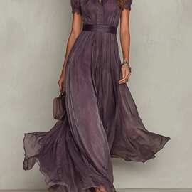 2026春季新款V领收腰荷叶边气质连衣裙 亚马逊跨境女装时尚印花裙