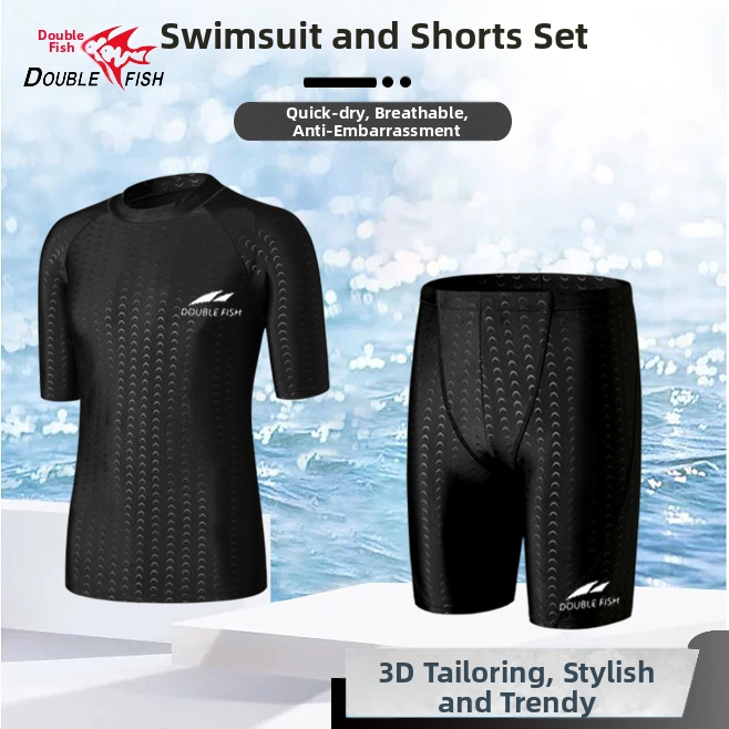 Pisces Men's Faux Shark Swimsuit Quick Drying Anti Embarrassment Sun Protection Square Angle Swim Trunks Plus Size 5 Point Professional Swimming Set_voghion.com