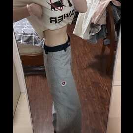 爱心刺绣竖条纹裤子女夏季薄款宽松慵懒直筒裤cleanfit阔腿休闲裤
