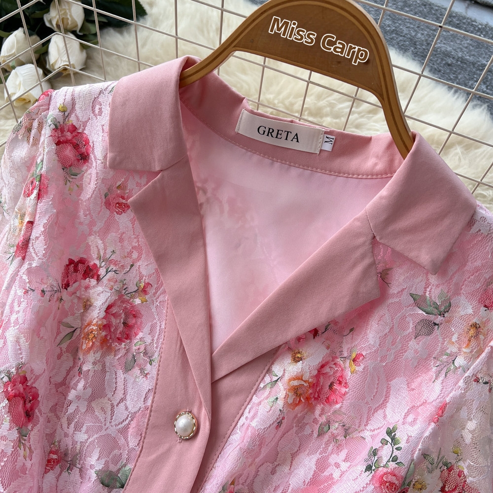 French Style Floral Print Long Dress Summer V Neck Waist Cinching A Line Skirt Slimming Elegant Women's Dress_ecoleips.com
